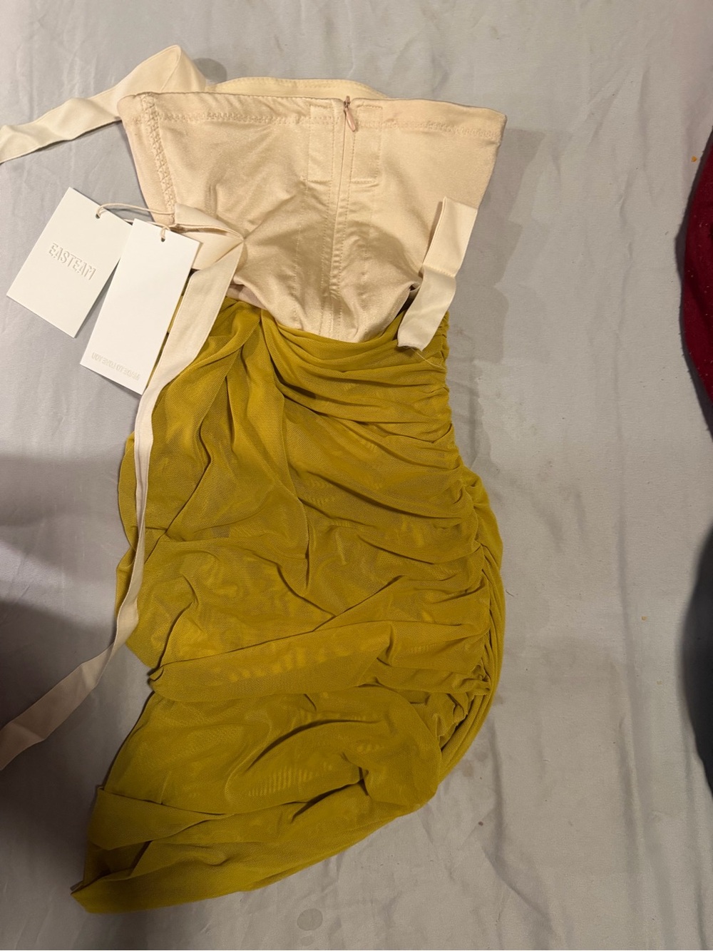 stem Olive-Green Ruched Mini Skirt with Cream Waist